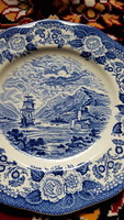 Angol kék jelenetes lapos tányér hajós dekorral