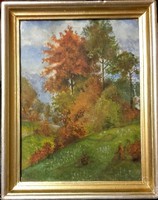 Őszi táj (Charles Warren Eaton 1857-1937) amerikai művész akvarell képe eredeti felújított keretében