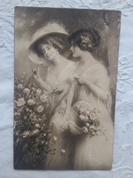 Antik szépia grafikus művészlap/képeslap/üdvözlőlap hölgyek, kalap, rózsa 1914