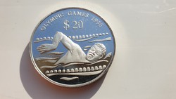 1994 Tuvalu 20 dollár 1996 Úszó Olimpia 31.47gr 0.925ag ritka ezüst érme