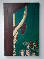 "Nézőpont" Gabrielo Silvano 1964. Jézus a keresztfán, rendhagyó retro olaj vászon.