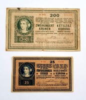 200 korona 1918 és 25 korona 1918.