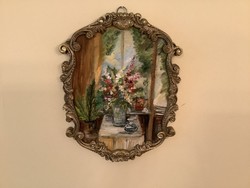 Flower eve room interior in antique copper frame 32x24 cm