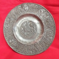 Old pure pewter soft scene wall bowl, plate. Marked.