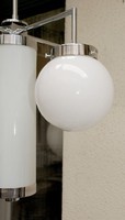 Bauhaus - art deco - streamline - 4-arm, 5-burner chrome chandelier topped up - milk glass tube and sphere