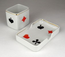 1E790 Póker mintás Hollóházi porcelán cigarettázó készlet