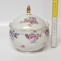 Hollóházi virágmintás porcelán gömb bonbonier, cukortartó (1774)