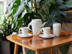 Romanian retro porcelain coffee set, mocha set for two - mussel shape and pattern, summer sea