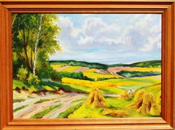 Hilly landscape in summer sunshine - oil on canvas painting, framed