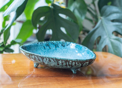 Blue and green serving bowl - retro ceramic decorative plate on legs, centerpiece, serving