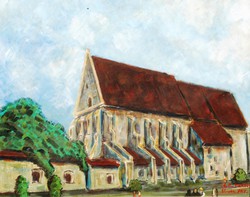 Miklós Clulin: the Reformed Church on Farkas Street in Cluj-Napoca, 1987 - oil painting, framed