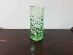 Cseh üvegművész designer art deco zöld üveg váza retro domború mintával