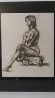 Ismeretlen: Ülő női akt, grafika, 58 x 46 cm, üveg mögött, szép állapotban