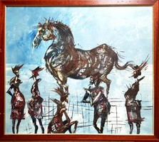 Győrfi András - Lovat csodálók 70 x 80 cm olaj, farost 1997