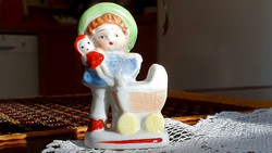 Cute, tiny, old, little baby carriage porcelain figure.