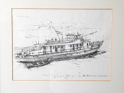 Rné Dusek Katalin hajó a Dunán pesti rakpartól megörökítve tusrajz 1976. augusztus Budapest