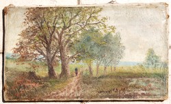 Antique painting: walking on a field road