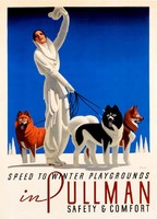 Art deco utazási reklám plakát reprint nyomat 1936 téli sport hó síelés kutya husky malamut szamojéd