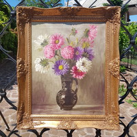 William Murin: asters, oil on canvas 40 x 50 cm, still life, antique blonde picture frame