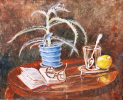 Révfy István: Asztali csendélet könyvvel és szemüveggel - olaj-vászon festmény, keretezve