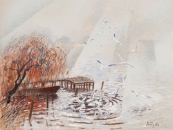 László Patay (1932-2002): seagulls on the Danube in Ráckeve, 1986