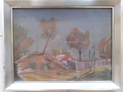 Autumn landscape with row of houses (oil painting in frame 32x25 cm) signed