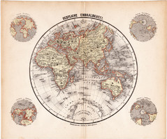 Világtérkép, Keleti - félteke térkép 1871, német nyelvű, eredeti, 23 x 28 cm, Afrika, Európa, Ázsia