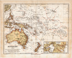 Ausztrália térkép 1871, német nyelvű, eredeti, Óceánia, Új - Guinea, Új - Zéland, 23 x 19 cm, régi