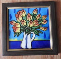 Flowers in a vase _ fire enamel tile picture