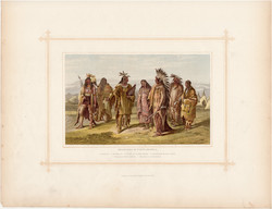 Indiánok, litográfia 1882, eredeti, népfaj, indián, Amerika, észak, sziú, dakota, pawnee, assineboin
