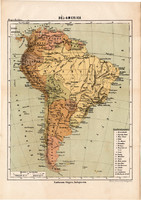 Dél - Amerika térkép 1885, Magyar Lexikon, Rautmann Frigyes, Tűzföld, Patagónia, Brazília, Guayana