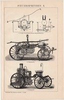 Tűzoltó készülék I. és II., egyszínű nyomat 1906, német, eredeti, kocsi, tűz, oltás, elektromos