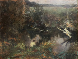 Erik Scholz: fisherman on the waterfront, oil painting