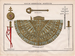 Magyar koronázási jelvények, színes nyomat 1885, Magyar Lexikon, Rautmann Frigyes, palást, kard