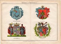 Megyei címerek V., színes nyomat 1885, Magyar Lexikon, Rautmann Frigyes, címer, megye, Nyitra, Turóc