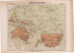 Ausztrália és Polynesia térkép 1885, Magyar Lexikon, Óceánia, Csendes - óceán, Rautmann Frigyes