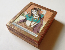 Ritkaság! Régi különleges indiai réz veretes fa doboz fadoboz drágakő féldrágakő ásvány kép festmény