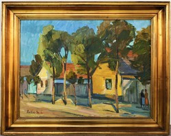 Fisherman Sándor Szabó (1920 - 1996) in front of the house c. Oil painting 96x76cm with original guarantee