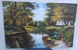 Nagy méretű  tàjkép Olaj-vàszon festmény,Erdőrészlet tó vagy folyó modern alkotás Szignàlt, Berényi