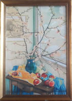 MÓRICZ MARGIT: Cseresznyevirág almákkal (akvarell csendélet kerettel 71x51) Vaszary János tanítványa