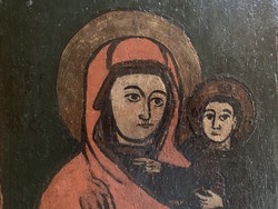 XIX. századi fára festett , népi ikon, Mária a gyermekkel.