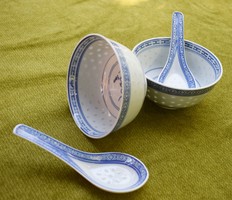 Kínai leveses porcelán tálka kanállal párban , 2 db.