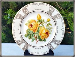 Sárga rózsa mintás, minőségi francia Limoges porcelán dísztányér, fali tányér