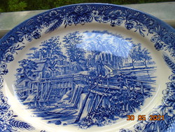 Ritka romantikus tájképpel kék fehér Churchill nagy ovális mikrózható porcelán tál 31x25 cm