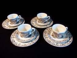 4 személyes 12 db-os Angol vadász jelenetes reggeliző porcelán teás készlet ritka színben, festéssel