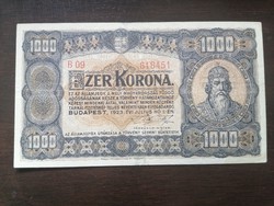 Ropogós 1000 Korona 1923 Magyar Pénzjegynyomda