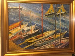 Vén Emil ( 1902-1984 ) gyönyörű színekkel meg festett  kikötőben várakozó hajókat ábrázoló festménye