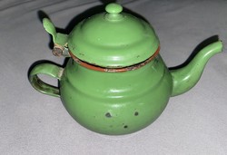 Retro enameled Hungarian lampart 12 cm vintage green teapot marked