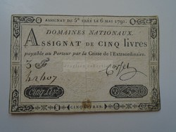 AV831  Régi bankjegy Franciaország  Napoleoni háborúk asszignáta 5 livres 1791