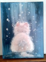 Cute kitten in the snow. Painting on canvas 30 x40cm